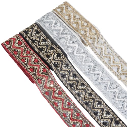 4 Colors 10 Yards 2 Inch Metallic Sequin Jacquard Ribbon Embroidered Trim Tape Boho Sheer Embroidery Woven Fabric Applique Trimming Set for Sewing Making Crafts Dress Clothes DIY Home Decor - color: Mixed Color