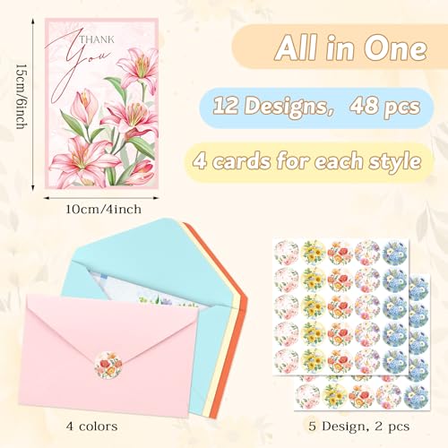 Thank You Cards 48 Bulk with Envelopes & Stickers 10x15cm for Kids Friends - color: Thank you 1
