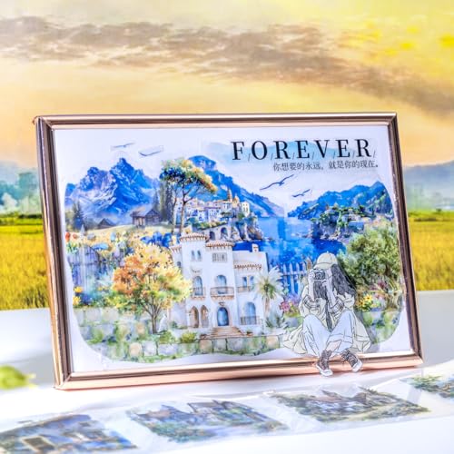 6 Rolls Four Seasons Landscape PET Tape for Scrapbook Journaling | Pre-cut cottages, mountains, forests and seasonal blossoms; transparent and water-resistant for collages and crafts - style: Four Seasons