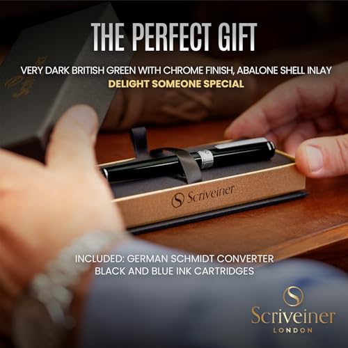 Scriveiner Black Green Fountain Pen - Stunning Luxury Pen with Chrome Finish, Schmidt Nib (Fine), Best Pen Gift Set for Men & Women, Professional, Executive, Office, Nice Pens - color: 13. Very Dark Black Green with Chrome, style: Fine Nib