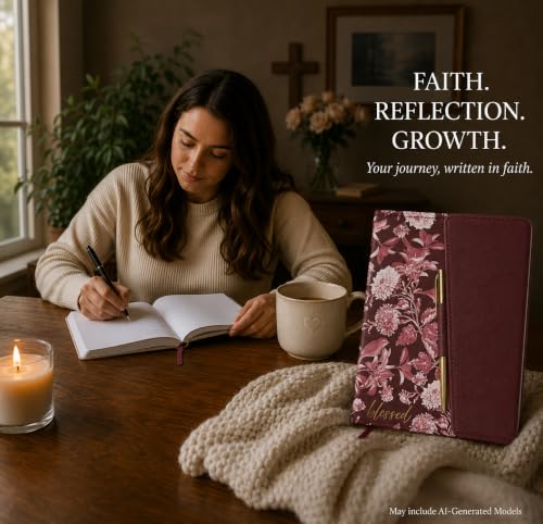 Eccolo Christian Journal Notebook Hardcover Lay Flat 192 Ivory Lined Pages - color: Maroon and White Print with Pen, size: 6X8
