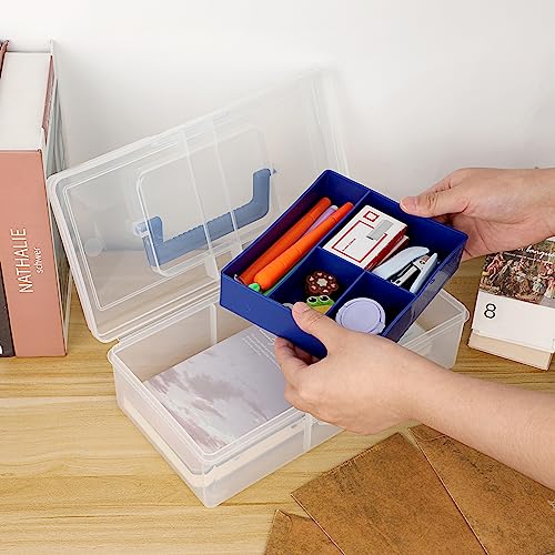 JUXYES Carry Craft Organizers Storage Box with Handle Lid and Diveded Tray - color: Blue, size: 1 Pack