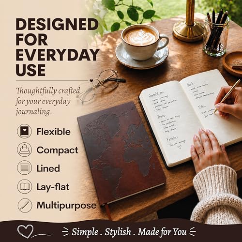 WORLD TRAVELER Eccolo A5 Lined Journal 256 Ivory Pages Lay Flat 6x8 - color: World Map