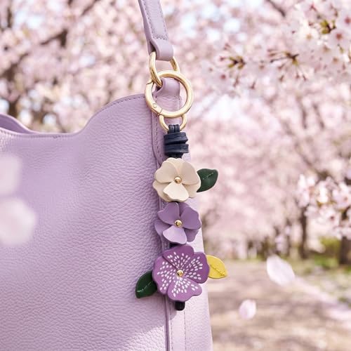Angyape Flower Bag Charms for Women Purse Charms for Handbags Leather Flower Keychain Retro Aesthetic Keychain Accessories - color: E：purple