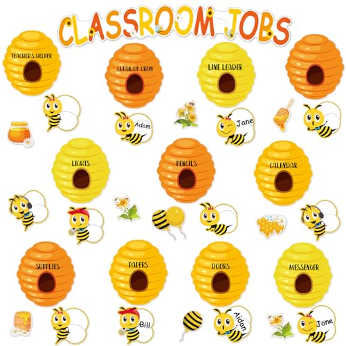 Qyeahkj Classroom Jobs Bee Bulletin Board Decorations Bee Hive Honeycomb Sunflower Paper Cutouts Summer Theme Classroom Bulletin Board for Teacher School Class Wall Door Window Decor Supplies - style: Class Job