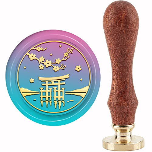 CRASPIRE Cherry Blossoms Wax Seal Stamp Shrine Vintage Sealing Wax Stamps Mountains Lake Retro 30mm Removable Brass Stamp Head with Wood Handle for Wedding Invitations Halloween Packing - style: Cherry Blossoms Shrine Mountains Lake