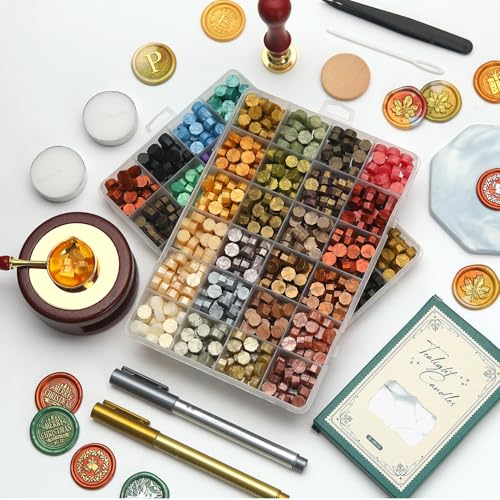 Wax Seal Beads Kit 48 Colors Metallic Gold & Deep Series 1200 Sealing Beads with Wax Seal Warmer, Spoon & Holder, Stirring for Wedding Invitation Letter Envelopes Wine Bottle Sealing Decor - color: Gold & Deep