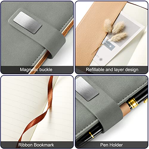 A5 Lined Leather Journal with Pen, 240 Pages Refillable Hardcover Notebook with Pocket and Magnetic Buckle, 80gsm Thick Daily Diary for Men and Women, Great Gift for Business Travel Personal - Gray - color: Gray, size: A5 Lined Paper