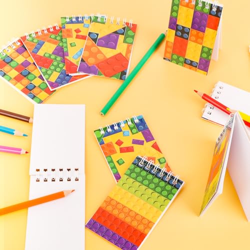 24 Pack Mini Building Block Notebooks Bulk Colorful Spiral Notepads Kids Carnival Theme Party Supplies Decoration for Teens Girls Boys Teacher Children Classroom Rewards - style: Building Block