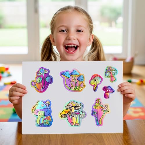 100 Pack Holographic Mushroom Stickers for Laptop Water Bottles Scrapbook, Mushroom Party Favors