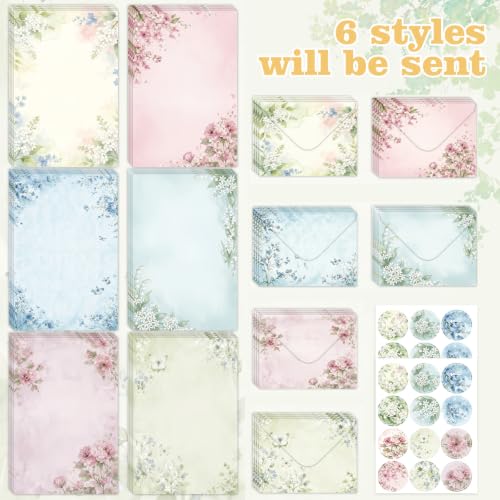 50 Pcs Stationery Paper Envelopes Set,No-Bleed Lined (6Style) | Includes 24 Writing Paper & 24 Envelopes with 24 Stickers, Flower Floral Letter Writing and Stationery Paper Envelopes - color: Soft Floral