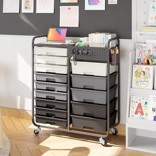 14 Drawer Rolling Storage Cart with Tabletop and Pegboard for Crafts Grey - color: Grey