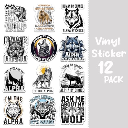 (12pcs-3in) Alpha Wolf Sticker Funny Stickers Wild Animal Quote Gifts - color: Alpha Wolf