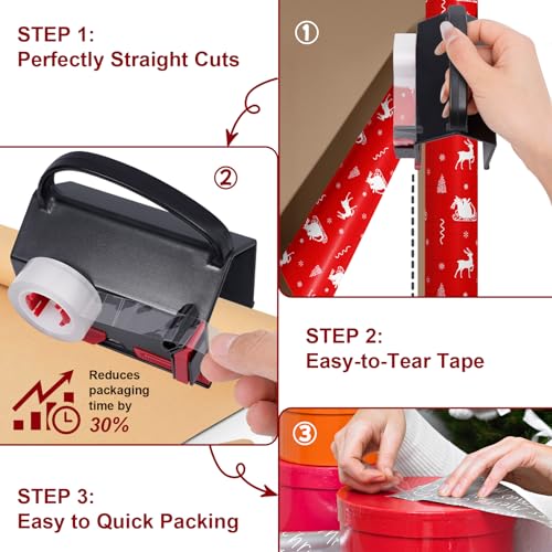 (2-Pack) Wrapping Paper Cutter & Tape Dispenser Dual Use - 4 Tapes, 2 Replace Blades - Gift Wrap Tool, Paper Roll Slicer, Smooth Straight Cut Packaging Tool for Birthday, Holiday & Office Use