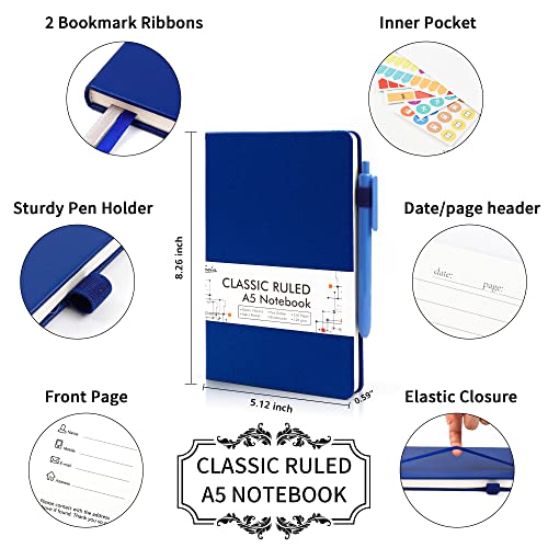 feela College Ruled Notebooks, 18 Pack Business Notebook Bulk Hardcover Lined Writing Journal with Pen Holder for Men Women Note Taking, with 18 Black Pens, 120 GSM, 5.1”x8.3”, A5, Navy - color: 18 Navy