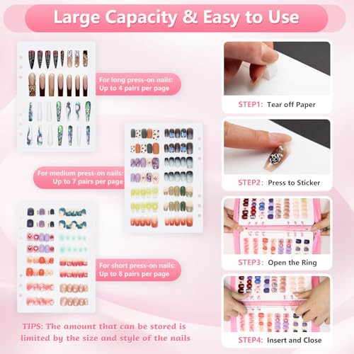 KEIFIN A5 Press On Nail Book Display Storage Organizer Binder, Pink - color: PINK