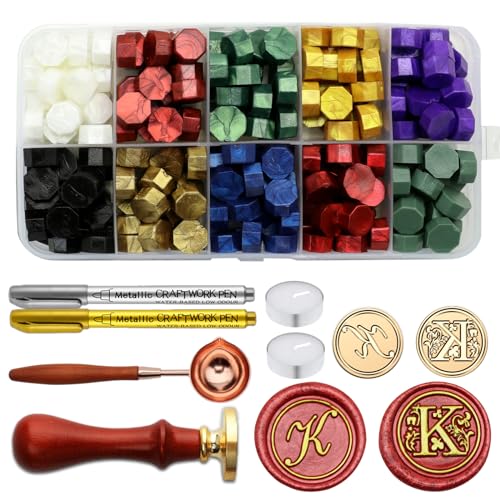 Letter Wax Seal Stamp Kit, Andotopee Wax Seal Kit Initial Alphabet K Sealing Wax Stamp Head 2pcs, Vintage Monogram Wax Stamp Seal Kit with 200pcs Assorted Wax Seal Beads, Wax Seal Spoon, Wax Seal Pen - style: Letter K Wax Seal Stamp Kit