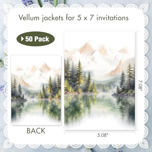50 Pack Pre-Folded Vellum Jackets for 5x7 Invitations,AZAZA Translucent Invitation Sleeves,115GSM Vellum Jackets 5x7, Wedding Invitation Accessories, for Weddings Birthdays,Watercolor Forest Landscape - color: 50Pack--Watercolor Forest Landscape