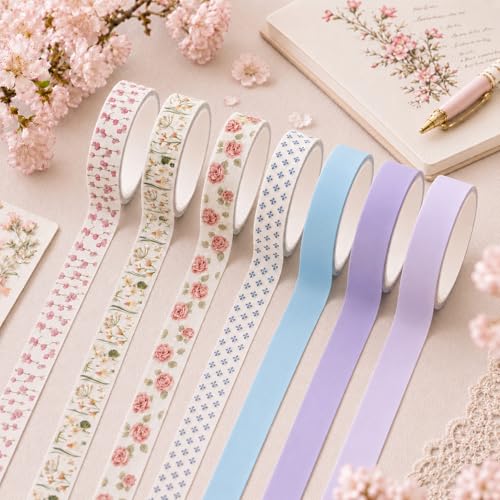 15 Rolls Cute Washi Tape Set, Thin Floral Decorative Craft Tape, Vintage Pastel Scrapbook Supplies Pack, Pink Blue Flower Patterns for Journaling, DIY Cards and Gift Wrap