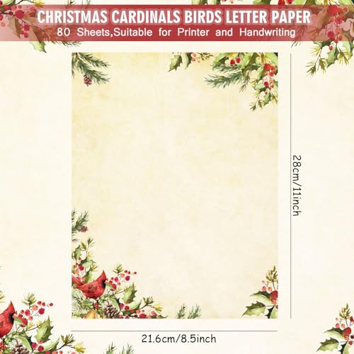 JarThenaAMCS 80 Sheet Christmas Stationery Paper Xmas Cardinal Bird & Holly Letterhead Letter Writing Paper for Holiday Greeting Card Invitation Office Printing, 8.5 x 11 In, Double-Sided - style: Cardinal Bird