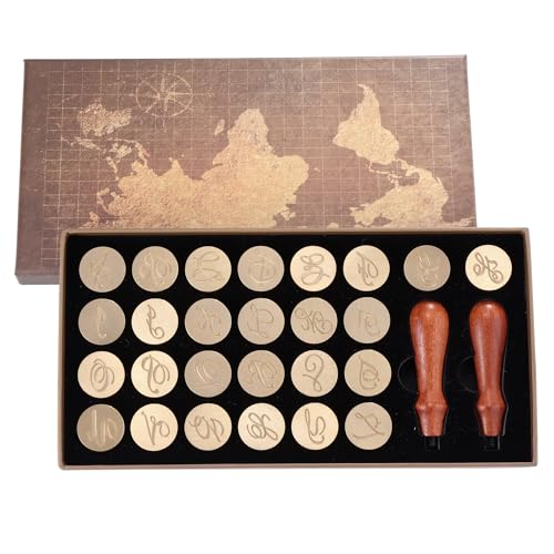 Yoption Handwritten Initial Alphabet Wax Seal Stamp Kit, Letter A-Z | 26pcs Brass Stamp Head with 2 Wooden Handles for Wedding Invitations, Envelopes, Christmas, Snail Mails, Gifts Wrap - style: A-Z Kit