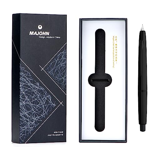 erofa Majohn A2 Retractable Fountain Pen Extra Fine Nib with Box, Press Black Resin Ink Pen with Converter Writing Set (Black Clip Version) - color: Black--Black Clip