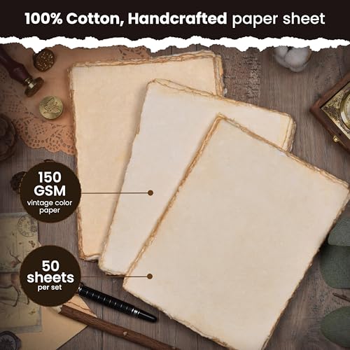 LEATHER VILLAGE Vintage Deckled Edge Handmade Watercolor Paper 7.5x11.5 | 50 Sheets of 150 GSM thick cotton paper with warm aged look for drawing, watercolor, ink, sketching and letter writing - color: Antique/Vintage, size: 7.5"x11.5"