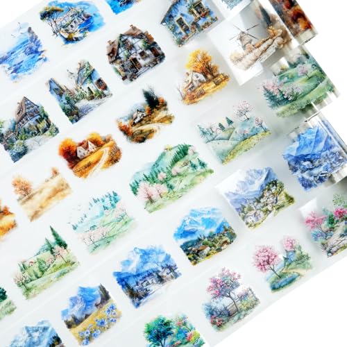 6 Rolls Four Seasons Landscape PET Tape for Scrapbook Journaling | Pre-cut cottages, mountains, forests and seasonal blossoms; transparent and water-resistant for collages and crafts - style: Four Seasons
