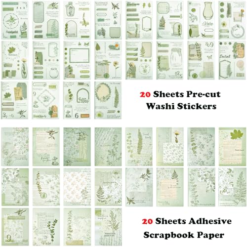 Vintage Washi Stickers for Journaling, 40 Sheets Ephemera Sticker Book for Adults 180pcs Aesthetic Botanical Scrapbook Stickers and 20 Sheets Adhesive Scrapbooking Paper for Junk Journal Supplies - color: Plant