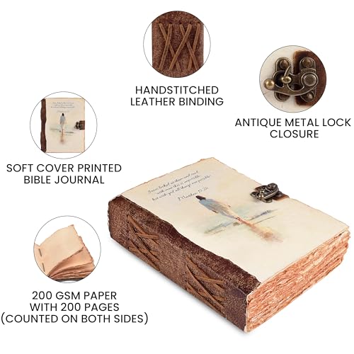 LEATHER VILLAGE Bible Journal Soft Cover Verse, Heritage Brown 8x6. | Matthew 19:26 printed cover, 200 pages of blank deckle edge cotton paper, 8x6 in, antique lock, devotional gift journal - color: MATHEW-19:26