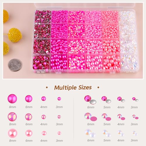 14000PCS Flatback Pearls and Pink Rhinestones for Bedazzling Kit (Hot Pink) - color: Dark Pink