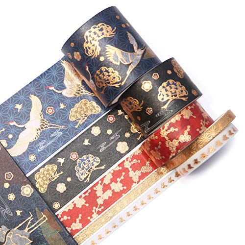 VIVIQUEN Gold Washi Tape Set Vintage Masking Tape Decorative Tape for DIY Scrapbooking, Crafts, Bullet Journal, Gift Wrapping, Holiday Decoration Planner Accessories (Black Classical 5 Roll) - color: Black Classical 5 Roll