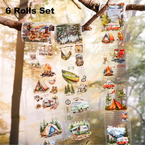 Forest Camping Theme PET Tape Set, 6 Rolls of Nature Adventure Stickers for Scrapbooking, Junk Journaling, DIY Crafts, and Art Supplies - style: Forest Adventure