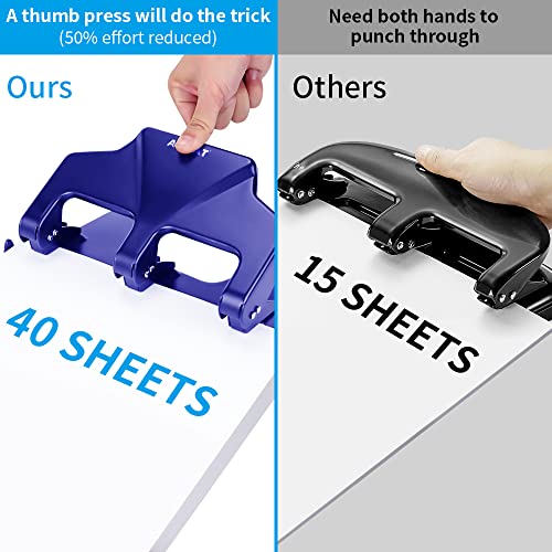 AFMAT 3 Hole Punch Heavy Duty, 40-Sheet Three Hole Punch, 50% Reduced Effort, 3 Hole Puncher for Binder w/Large Chip Tray, 9/32" Holes Diameter, Metal Paper Puncher for Home/Office/School, HP15 - color: Blue