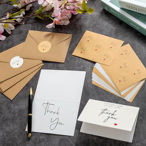 100 Bulk Thank You Cards with Kraft Envelopes and Stickers - 4 Minimalistic Designs Blank Thank You Notes with Envelopes and Heart for Business Wedding Bridal Gift Baby Shower Business Graduation - color: White With Heart