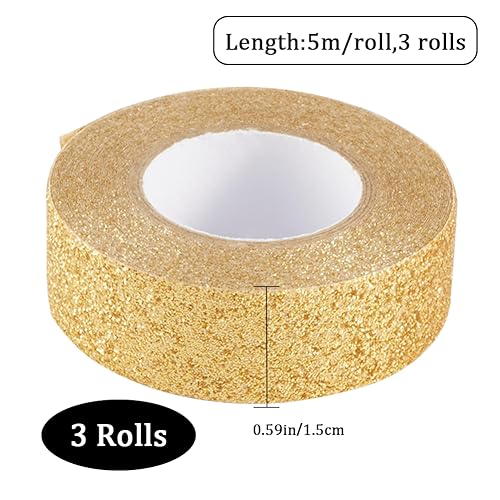 GORGECRAFT 3 Rolls 16.4 Yard x 0.6 Inch Glitter Adhesive Tape Foil Masking Tapes Gold Washi Paper Stick for DIY Scrapbook Decorative Adhesive Tapes Craft and Gifts - color: Gold