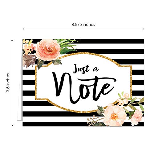 Canopy Street Black Stripe Floral And Faux Glitter Note Cards / 24 Just A Note Cards/All Occasion Greeting Cards / 3 1/2" x 4 7/8" Floral Cards - color: Just A Note