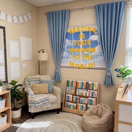 Engrowtic 7pcs Classroom Reading Corner Decor Set Includes 2 Curtains Panels 35x47in Window Backdrop, Reading is Your Window to the World Stickers, Motivational Bulletin Board Kit for Library School