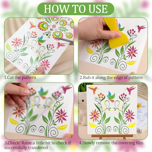 WANDIC 3 Sheets Rub on Transfer Sticker, Bird Flower Line Pattern Decorative Decal Furniture Decorative for Photo Album,Postcard Scrapbooking,15 * 30cm - color: Ethnic Style