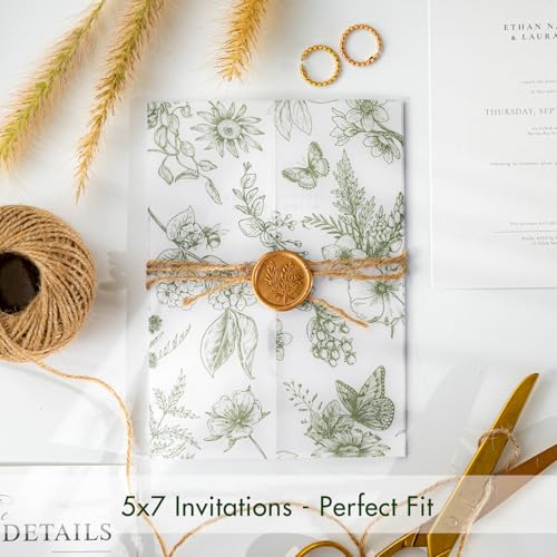 50 Pack Pre-Folded Vellum Jackets for 5x7 Invitations,AZAZA Elegant Translucent Invitation Sleeves,115GSM Vellum Jackets 5x7, Wedding Invitation Accessories, for Weddings Birthdays,Sage Green Toile - color: 50Pack--Sage Green Toile