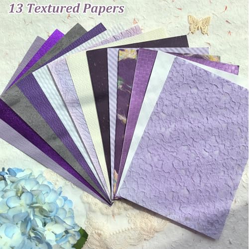 20 Unique A5 Textured Scrapbook Paper & Mesh Fabric Set, Handmade Craft Paper for Scrapbooking, Junk Journal Supplies, Card Making, Decoupage, Collage & Gift Embellishments (Purple) - color: Purple