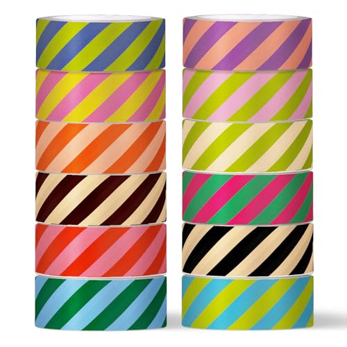 Whaline 12 Rolls Striped Washi Tape Masking Tape Set Colorful Cabana Stripe Decorative Wrapping Paper Tapes Boxed for Birthday Scrapbook Journal DIY Crafts - style: Striped