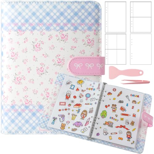 Reusable Sticker Book Collecting,A5 Binder Album Storage Organizer with Blank Release Paper and Pocket for Adult Kids,Cartoon Leather Binder Cover & Magnetic Buckle Closure(flower) - color: Blue&Flower
