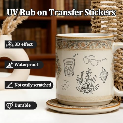 WANDIC 3 Sheets UV DTF Rub on Transfer Stickers for Craft,Summer Seaside Sketches Theme Cup Warp Waterproof Decals Retro Decorative Transfers for journal Cards Furniture Glass Wood DIY Crafts,15*30cm - color: Summer Seaside