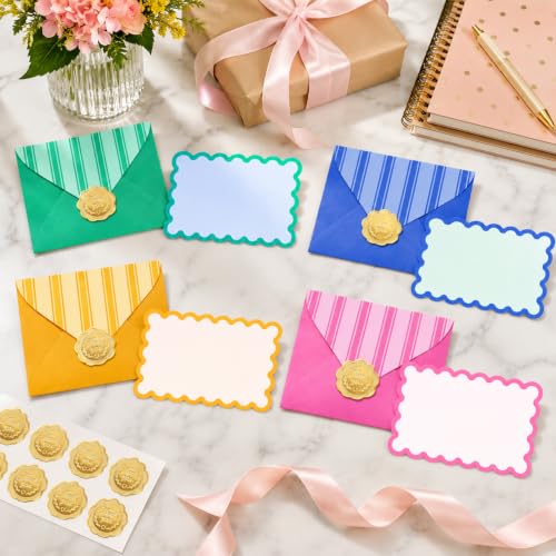 Whaline 60Pcs Flat Blank Note with Envelopes 4 Neon Color Scalloped Stationery Card Non Folding Double-Sided Note Cards for Wedding Birthday Baby Shower, 5.6 x 3.5 Inch - color: pink yellow blue green