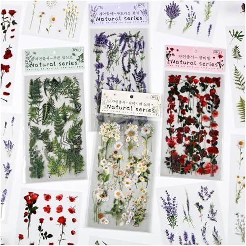 24 Sheets Precut Clear PET Pressed Flower Stickers for Crafts, Scrapbooking | Transparent Wildflower Floral Stickers for Journaling, Junk Journal Supplies, Planner, Collage and Card Making - color: Diecut Pet Flowers Stickers Sheets
