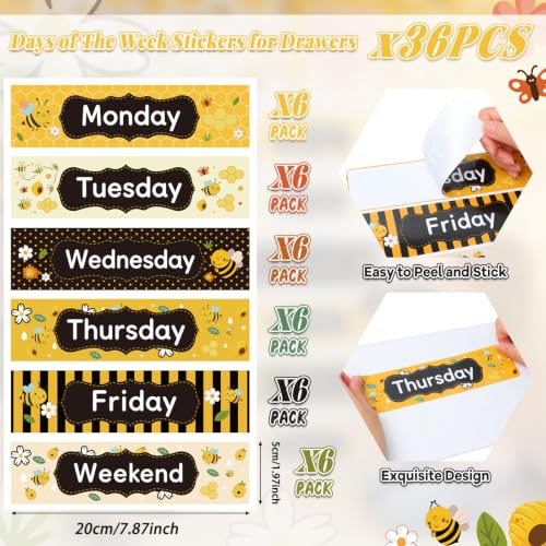 36 Pcs Days of The Week Stickers, Large Monday to Friday with Weekend Labels Classroom Rolling Cart Stickers, Waterproof Back to School Bee Weekly Organizer Decals for Kids - color: Bee