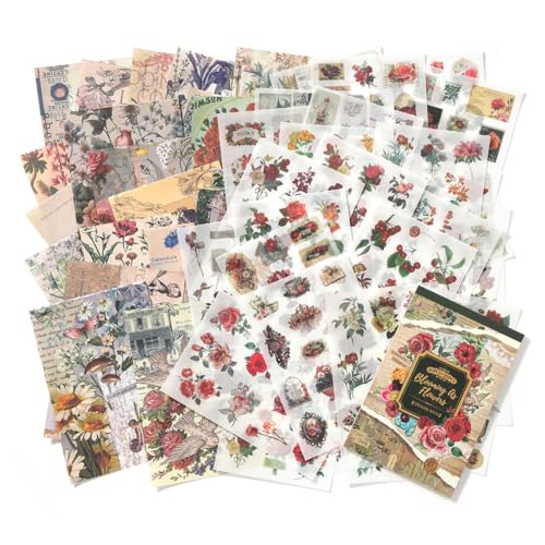 Flower Sticker Book for Scrapbooking, 500+ Floral Stickers for Junk Journal Supplies and 20 A5 Aesthetic Scrapbook Paper, Vintage Stickers for Journaling Ephemera Sticker Book for Adults DIY Crafts - color: Blooming as Flowers