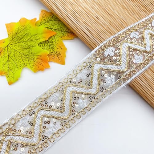 10 Yards 2 Inch Gold Sequin Lace Trim Embroidery Sequins Ribbon White Organza Metallic Vintage Transparent Beaded Edge Ribbon for Sewing Making Craft Wrapping Wedding Christmas Decor Supply - color: White,golden