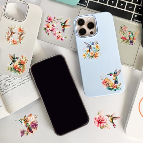 50 Pcs Watercolor Hummingbird Stickers Vintage for Journals | Transparent vinyl decals with vintage floral & hummingbird art. Perfect for laptops, water bottles, phone cases - style: Watercolor Hummingbird